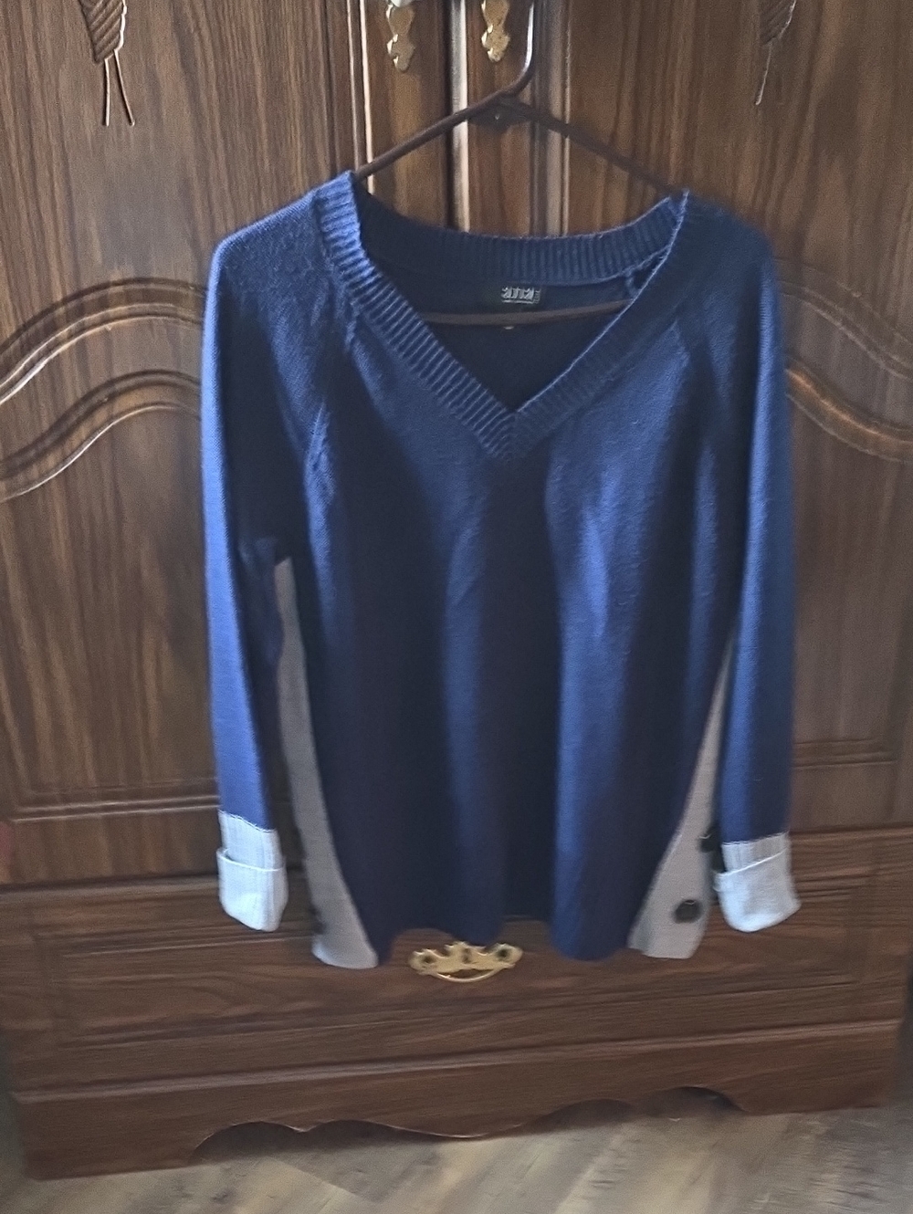 a.n.a Navy V-Neck Sweater with Contrast Cuffs